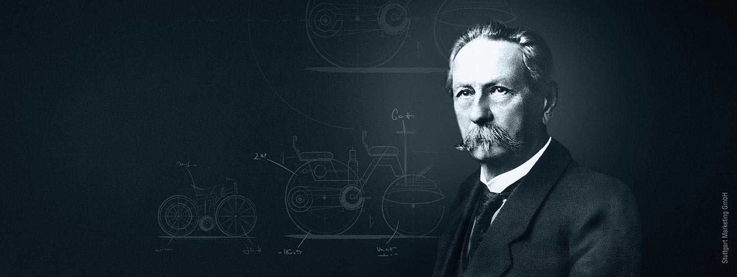 Carl Benz with quotation on black background